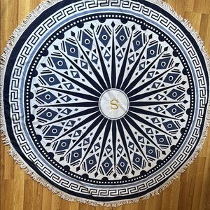 Blue and White Circular Beach Towel